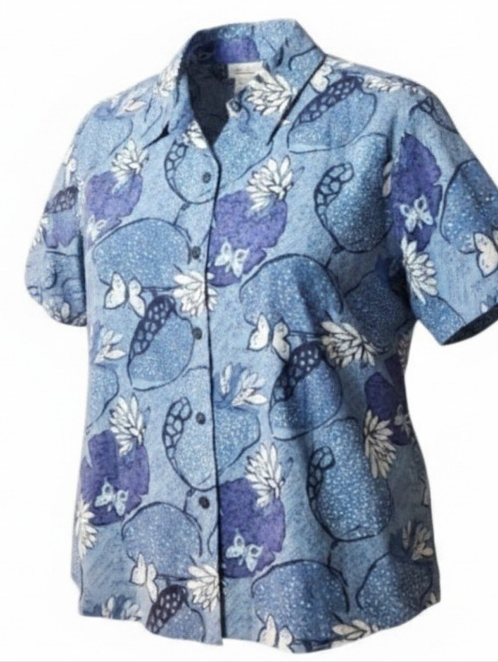 COLDWATER CREEK | Blue White Floral Linen Butterfly Tropical Button‎ Shirt | 3X